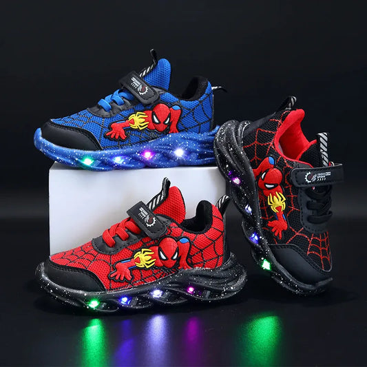 LED Casual Sneakers Red Black For Spring Boys Cartoon Mesh Outdoor Shoes Children Lighted Non-slip Shoes Size 21-30